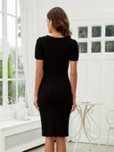 Lucky Life Kadın Kısa Kollu Yakası Açık önden Halka Detaylı Ithal Krep Elbise thumbnail 1