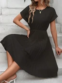 Lucky Life Kadın Kısa Kollu Yakası Açık Belden Lastikli Pileli Kısa Ithal Krep Elbise thumbnail 6
