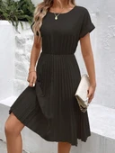 Lucky Life Kadın Kısa Kollu Yakası Açık Belden Lastikli Pileli Kısa Ithal Krep Elbise thumbnail 3