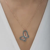 925 Ayar Gümüş Turkuaz Taşlı Kelebek Kadın Gümüş Kolye thumbnail 4
