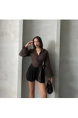 Pırıl Kahverengi Geniş Kol Yandan Bağlamalı Trend Gömlek PIRIL-3779 thumbnail 1