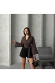 Pırıl Kahverengi Geniş Kol Yandan Bağlamalı Trend Gömlek PIRIL-3779 thumbnail 2