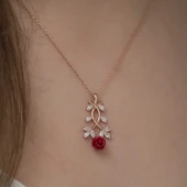 ​925 Ayar Gümüş Rose Kırmızı Gül Gümüş Kolye - 3
