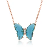 925 Ayar Gümüş Rose Turkuaz Cam Kelebek Kolye thumbnail 1