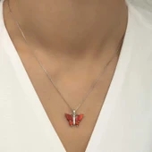 Gümüş Kırmızı Kaplangözü Taşlı Kelebek Kolye thumbnail 4