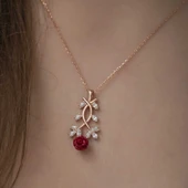 ​925 Ayar Gümüş Rose Kırmızı Gül Gümüş Kolye - 4