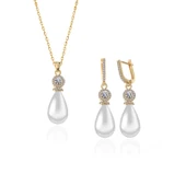 925 Ayar Gümüş Gold Damla İnci Kadın Set - 2
