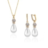 925 Ayar Gümüş Gold Damla İnci Kadın Set - 3