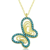 Gümüş Gold Turkuaz Taşlı Kelebek Kadın Kolye thumbnail 1