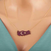 925 Ayar Gümüş Gold Ay Yıldız Türkiye Haritası Kadın Kolye - 3