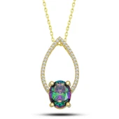 Gümüş Gold Oval Mistik Topaz Taşlı Damla Kadın Kolye - 3