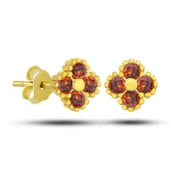 Gümüş Gold Yonca Çivili Kırmızı Taşlı Çocuk Küpe - 1