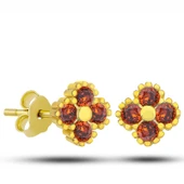 Gümüş Gold Yonca Çivili Kırmızı Taşlı Çocuk Küpe - 2