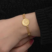 925 Ayar Gümüş Gold Kaplama Tuğralı Kadın Bileklik - 3