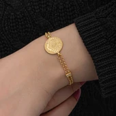 925 Ayar Gümüş Gold Kaplama Tuğralı Kadın Bileklik - 4