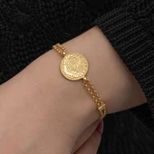 925 Ayar Gümüş Gold Kaplama Tuğralı Kadın Bileklik - 1