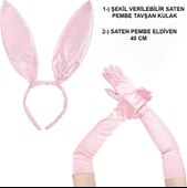 Saten Kaplama Soft Pembe Eldiven 40 cm ve Tavşan Kulak 2 li Set - 1