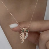 ​925 Ayar Gümüş Rose Yeşil Gözlü Baykuş Kadın Gümüş Kolye thumbnail 2