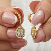 Gümüş Gold Oval Taşlı Sallantılı Küpe - 1