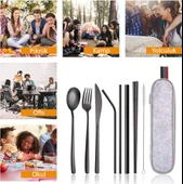 Valkyrie 8 Parça Çantalı Yolculuk Çatal Bıçak Kaşık Pipet Chopstick Seti Kamp Okul Ofis Tatil Paslanmaz Çelik Siyah - 7