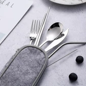 Valkyrie 8 Parça Çantalı Yolculuk Çatal Bıçak Kaşık Pipet Chopstick Seti Kamp Okul Ofis Tatil Paslanmaz Çelik Metal - 6