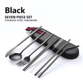 Valkyrie 8 Parça Çantalı Yolculuk Çatal Bıçak Kaşık Pipet Chopstick Seti Kamp Okul Ofis Tatil Paslanmaz Çelik Siyah - 2