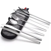 Valkyrie 8 Parça Çantalı Yolculuk Çatal Bıçak Kaşık Pipet Chopstick Seti Kamp Okul Ofis Tatil Paslanmaz Çelik Metal - 1