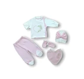 Lenaca Baharın Çiçekli Kalbi Nakışlı %100 Cotton Antibakteriyel 5li Zıbın Takımı Hastane Çıkışı thumbnail 1