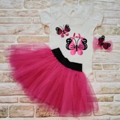 Lenaca 9-12-18 Ay Payetli Kelebek Nakışlı Taçlı Kısa Kollu Tütü Etek 3lü Kız Bebek Takımı thumbnail 2