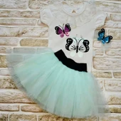 Lenaca 9-12-18 Ay Payetli Kelebek Nakışlı Taçlı Kısa Kollu Tütü Etek 3lü Kız Bebek Takımı thumbnail 2