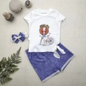 Lenaca 1-2-3 Yaş Bisikletli Kız Baskılı Bandanalı Kot Desenli Şort Kısa Kollu Tişört 3lü Kız Bebek Takımı thumbnail 1