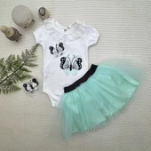 Lenaca 9-12-18 Ay Payetli Kelebek Nakışlı Taçlı Kısa Kollu Tütü Etek 3lü Kız Bebek Takımı thumbnail 1