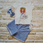 Lenaca 1-2-3 Yaş Bisikletli Kız Baskılı Bandanalı Kot Desenli Şort Kısa Kollu Tişört 3lü Kız Bebek Takımı thumbnail 2