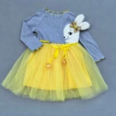 Lenaca 5-6-7 Yaş Pelüş Tavşan Desenli Kurdela Kuşaklı Astarlı Kız Çocuk Tütü Elbise - 1