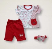 Lenaca 3-6 6-9 9-12 Ay Melek Kız Nakışlı Bandanalı Kısa Kollu Sweatli Şortlu 3lü Kız Bebek Takımı thumbnail 1