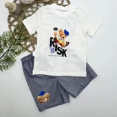 Lenaca 1-2-3 Yaş Kaykaycı Ayı Baskılı Şortlu Kısa Kollu Tişört 2li Erkek Bebek Takımı - 2