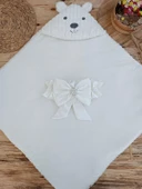 Lenaca Yenidoğan Beyaz Wool Yün Kumaş Ayıcık Kulaklı Kundak Bebek Battaniyesi thumbnail 4
