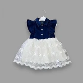 Lenaca 2-3-4 Yaş Astarlı Brode Etekli Kot Kumaş Düğmeli Kız Çocuk Elbisesi - 1