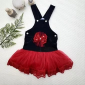 Lenaca 2-3-4 Yaş Fiyonklu Düğme Detaylı Tül Etek Kot Kumaş Salopet Kız Çocuk Elbisesi - 1