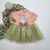 Lenaca 1-2-3 Yaş Denizkızı Baskılı Pul Desen Etekli Kız Bebek Elbisesi - 1