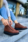 Pabucmarketi Bağcıklı Kadın Sneaker Bot Taba - 1