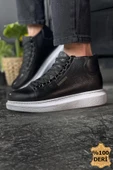 Pabucmarketi Bağcıklı Hakiki Deri Erkek Sneaker Bot Siyah - 1
