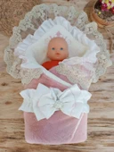 Lenaca Yenidoğan Wool Yün Kumaş Taç Nakışlı Güpür Duvaklı Fiyonk Prizma Taş Unisex Kundak Bebek Battaniyesi - 2