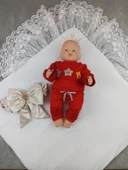 Lenaca Yenidoğan Saray Kadife Taç Nakışlı İnci Fiyonklu Çift Dantel Duvak Trilüks Kundak Bebek Battaniyesi thumbnail 3