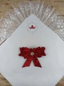 Lenaca Yenidoğan Saray Kadife Taç Nakışlı İnci Fiyonklu Çift Dantel Duvak Trilüks Kundak Bebek Battaniyesi thumbnail 4