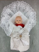 Lenaca Yenidoğan Saray Kadife Taç Nakışlı İnci Fiyonklu Çift Dantel Duvak Trilüks Kundak Bebek Battaniyesi thumbnail 2