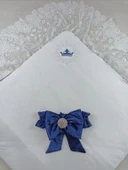 Lenaca Yenidoğan Saray Kadife Taç Nakışlı İnci Fiyonklu Dantel Duvak Trilüks Kundak Bebek Battaniye thumbnail 2