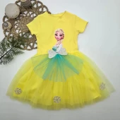 Lenaca 5-6-7 Yaş Elsa Desenli Fiyonklu Tül Etekli Astarlı Kısa Kollu Kız Çocuk Tütü Elbise - 1