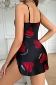SheDo STL Büyük Kırmızı Kalp Desenli Siyah Saten Gecelik - 4