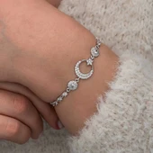 Gümüş Zirkon Taşlı Ay Yıldız Kadın Bileklik - 3
